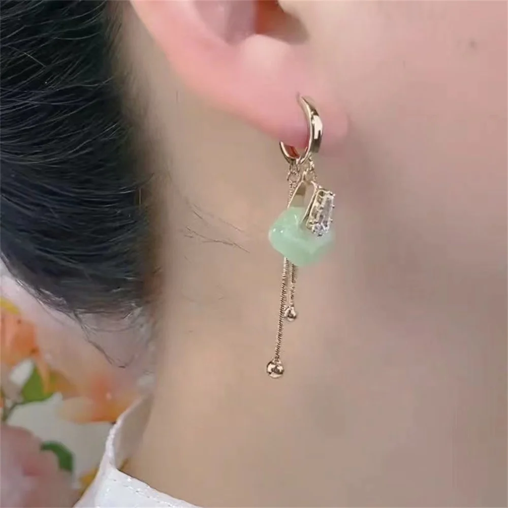 Chinese Delicate Green Resin Long Tassel Earrings For Women Fashion Sweet Ping An Lock Earrings Festival Party Gift Accessories