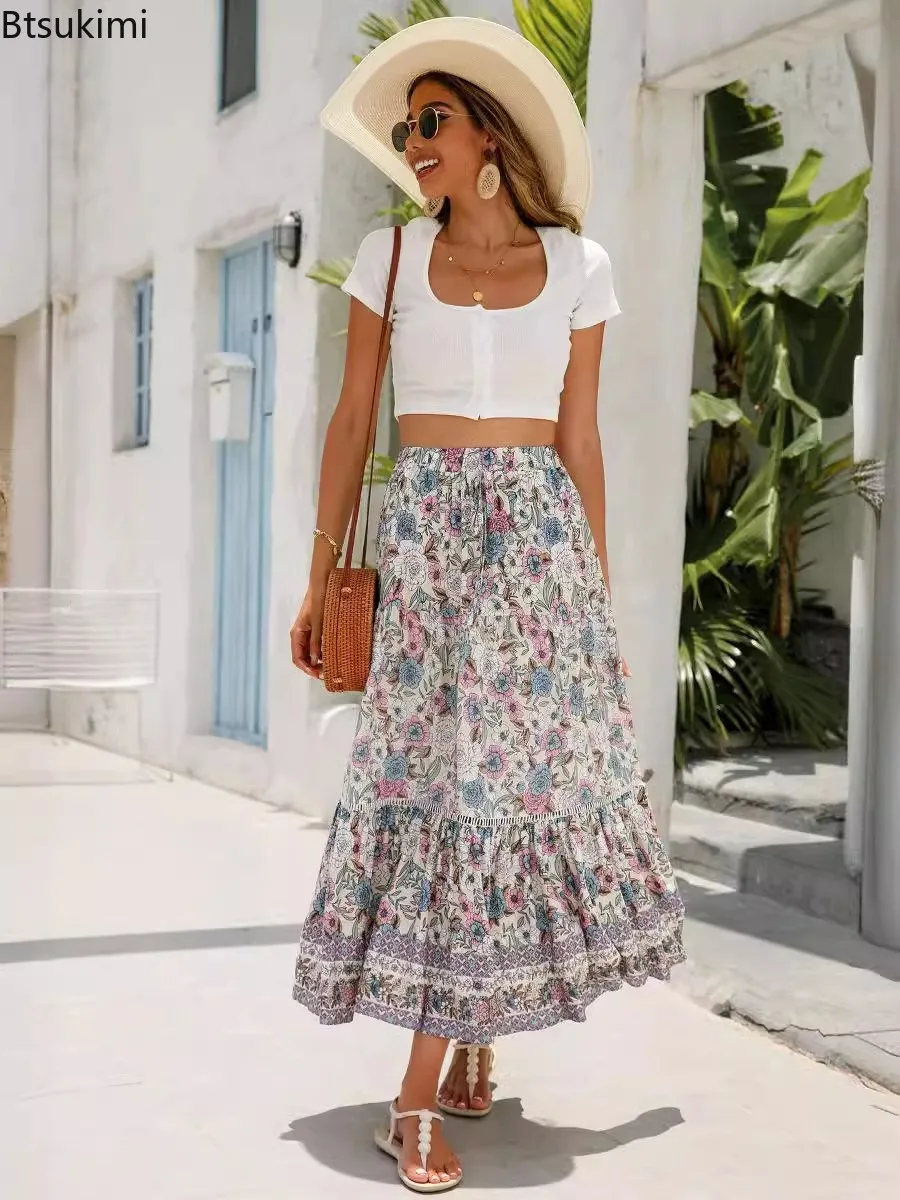 New 2024 Women's Summer Casual Patchwork Long Skirt Dress Loose Cotton Bohemian Beach Style Half Skirt Female A-line Print Dress