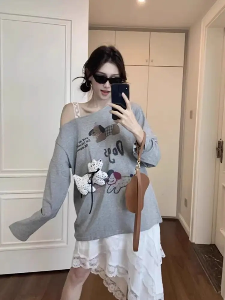 Gaganight Women Sweet Short Wearing Lace Shoulder T-shirt 2024 Spring Autumn New Women's Long Sleeve Puppy Doll Loose Top Female