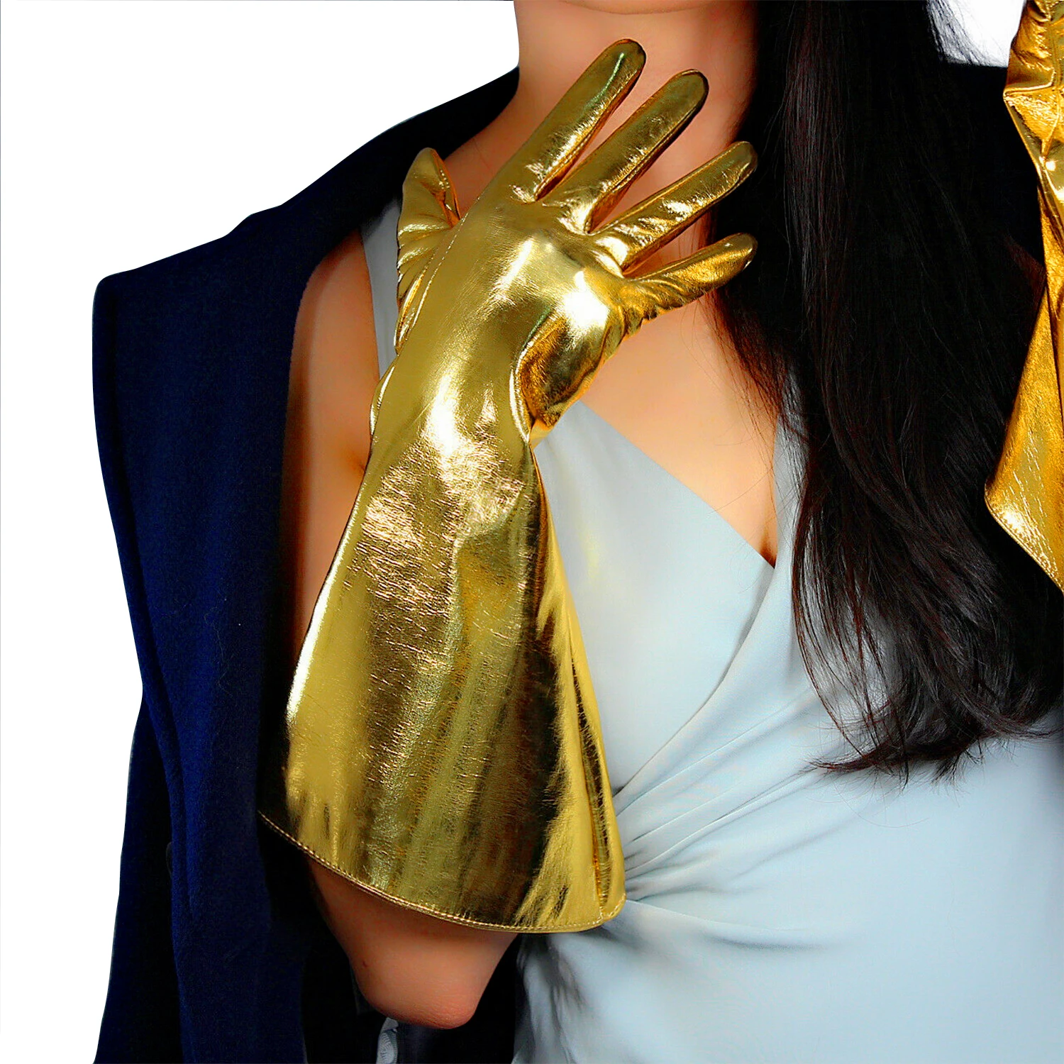 DooWay Unisex Gold Oversized Gloves Metallic Color Elbow Puff Sleeves Wide Faux Leather Christmas Cosplay Costume Opera Glove