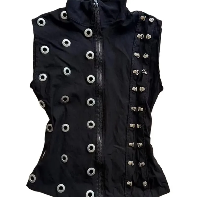 Y2k New Black Metal Ring Decoration Sleeveless Vest Women Summer Design Slim Fit Vest Top Ins