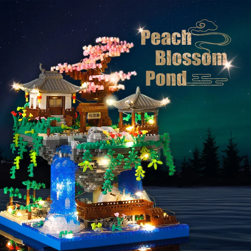 

Блок блока пруда цветущего персика креативная архитектурная модель в старинном стиле микроэлементы головоломка сборка игрушка украшение