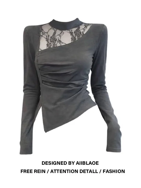 

plus Size Women's Long Sve T-irt Lace Patchwork High Collar Casual Sle Autumn Winter New Faion Base irt Top