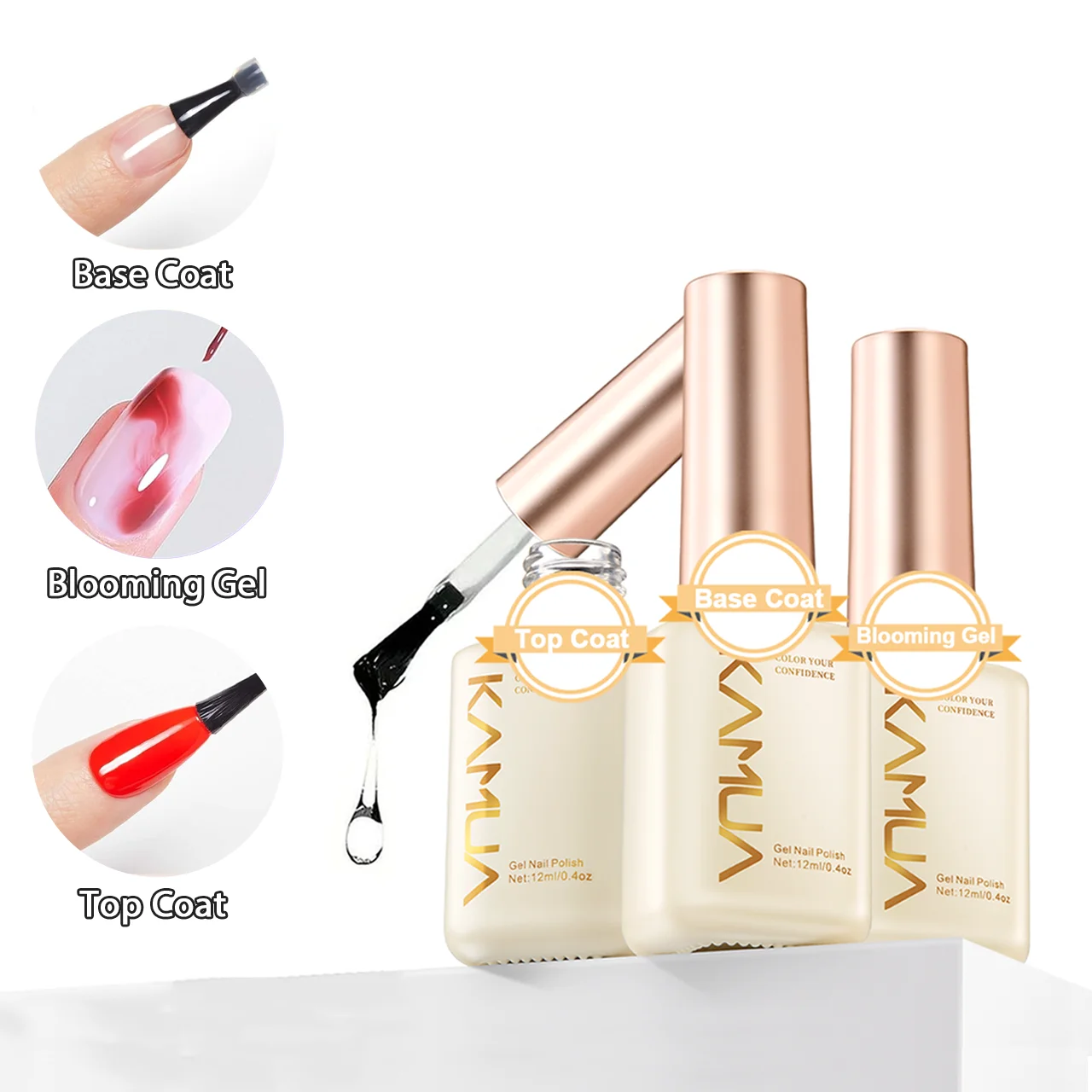 3pcs Blooming Gel Nail Polish Set Base Coat Top Coat Soak‑off UV for Smudge Marble Effect Nail Art DIY Manicure Salon Decoration