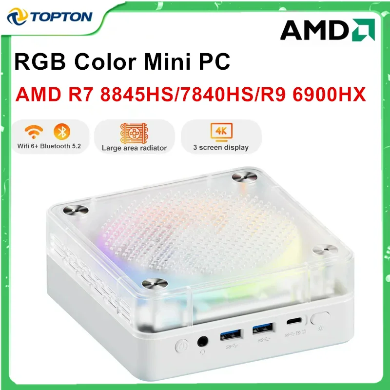 Topton RGB Color Gaming Mini PC AMD Ryzen 7 8845HS 7840HS 6900HX Windows 11 Desktop PC DDR5 NVMe SSD Mini Computer MiniPC WiFi6