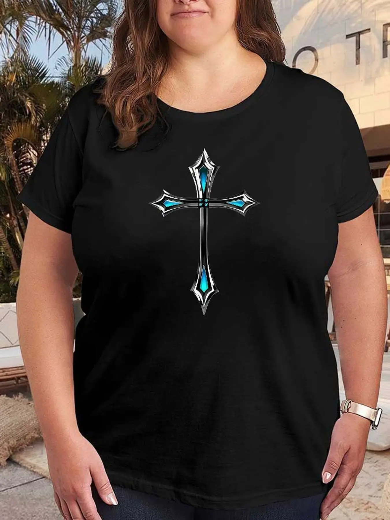 Gothic Cross Graphic T Shirt Women Fashion Streetwear Stretchy Plus Size Short Sleeve Aesthetic Grunge Cotton Soft Tee Casual Tops