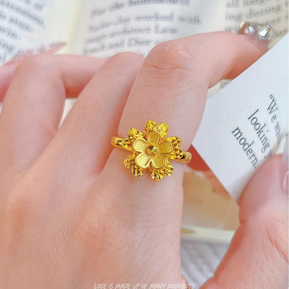 Luxury 24K 9999 Pure Gold real gold Women's Three-dimensional Flower Ring Peach Blossom Opening Ring