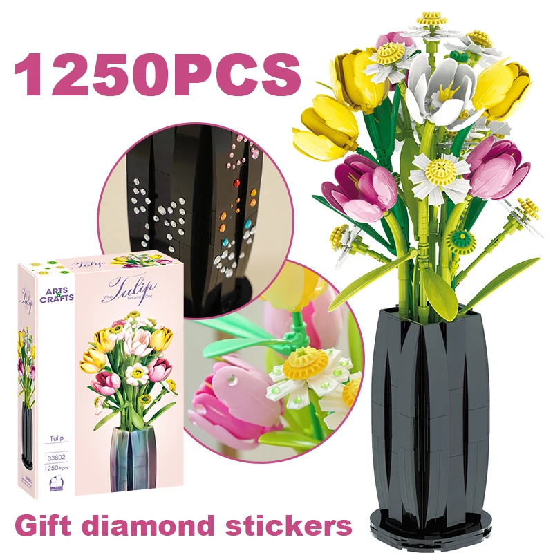 

1250 шт., букет тюльпанов, строительные блоки, цветок, вечный цветок, ваза, модель, кирпичи, украшение дома, детские игрушки «сделай сам», романтические подарки для девочек