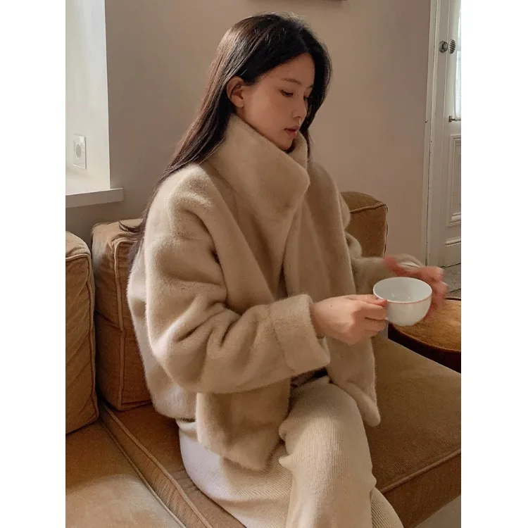 

Faion Long Sve Mink Fur Jaet Loose Korean Sle Outerwear Soft Medium Thin for Various Ocns