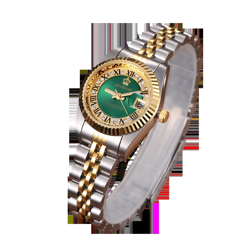 Reginald-Reloj de acero inoxidable para mujer, cronógrafo de lujo con diamantes de cara verde, con fecha automática, de cuarzo, a la moda