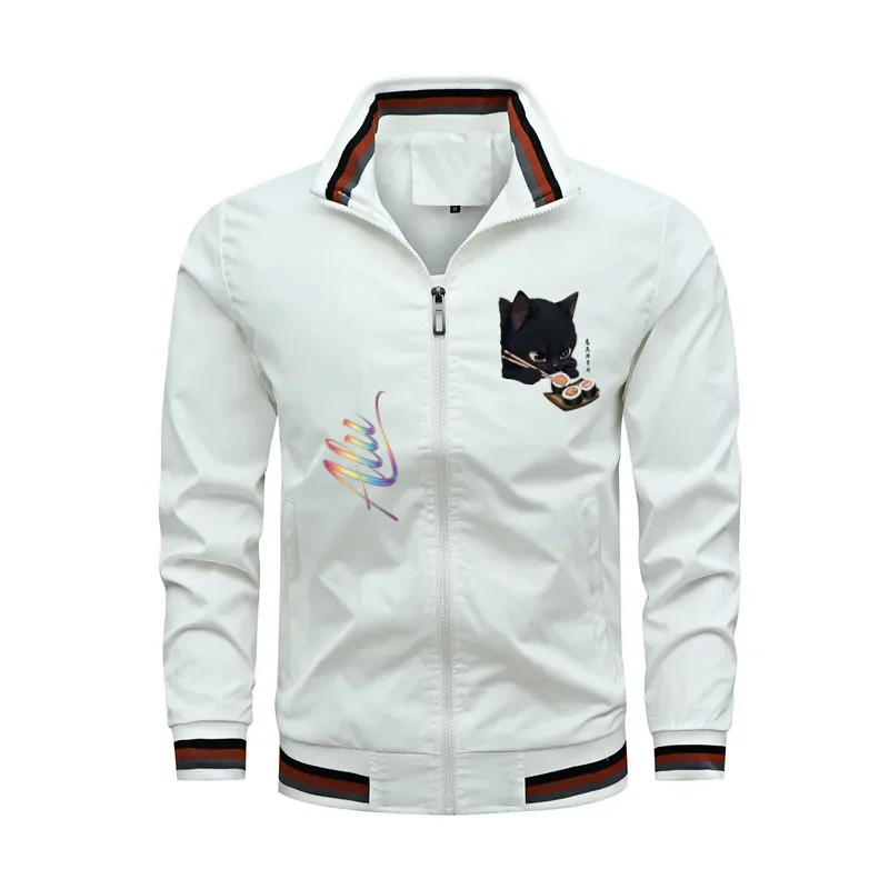 Men Stand‑Collar Zip‑Up Jacket, Black Cat Sushi Print Long‑Sleeve Coat, Striped Cuff Casual Streetwear Windbreaker, 100% Polyest
