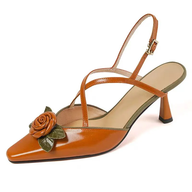 

Brown Flower Buckle Leather Pumps Thin High Heel Pointed Toe Fashionable Sexy Cool Western Summer Woman Shoes Zapatillas Mujer