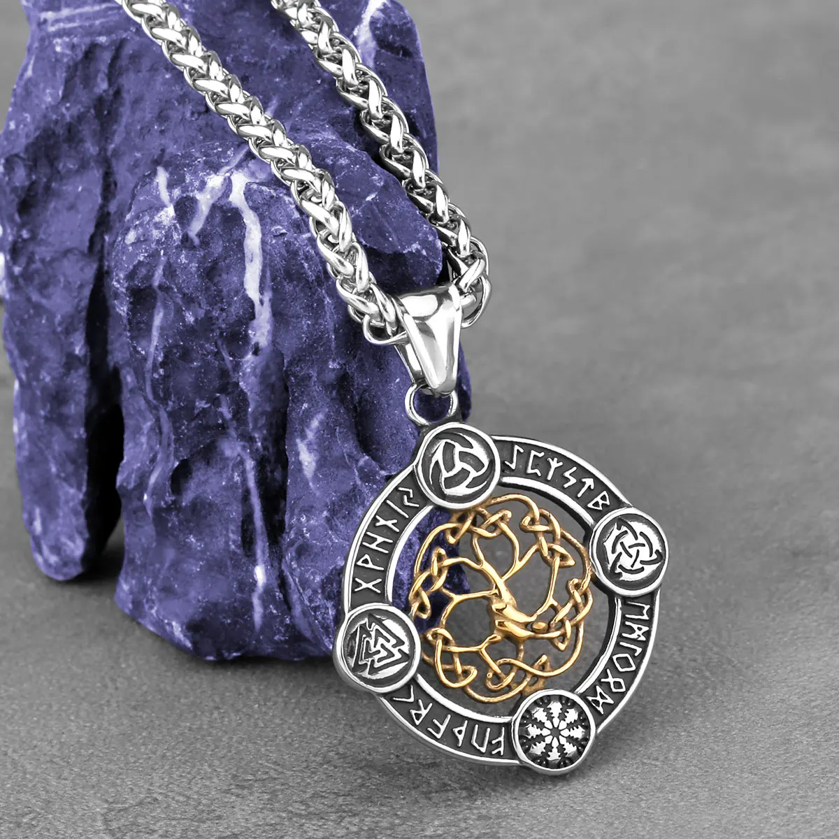 Stainless Steel Vikings Tree of Life Runes Necklace Men\'s Vintage Valknut Amulet Pendant Necklace Fashion Male Jewelry Wholesale