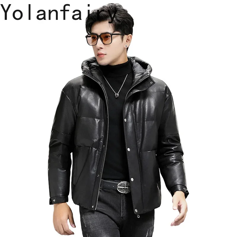 

YOLANFAIRY Warm Goose Down Bread Leather Coat Men's Genuine Sheepskin Leather Jacket Short Hooded Warm Coats Jackets ropa hombre