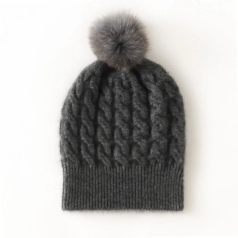 High Quality Winter Cashmere Hats Women Outdoor Casual Warmer Soft Thick Cashmere Knitted Beanie Caps Fashion Solid Fur Pom Hat