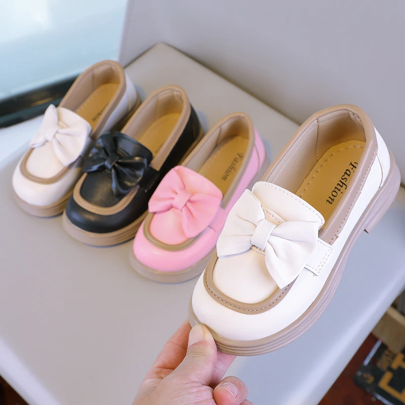 2024 New Girls Loafers Cute Bow Fashion Kids Leather Shoes Slip-on Bow Non-slip Children Casual Shoes Drop Shipping Round-toe