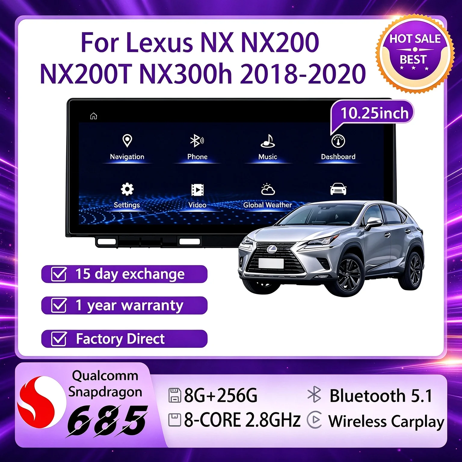 Lexus NX 10.25'' Touch Screen GPS Navigation Carplay Android 14 Snap Multimedia Radio for NX200 NX200T NX300h 2018-2020