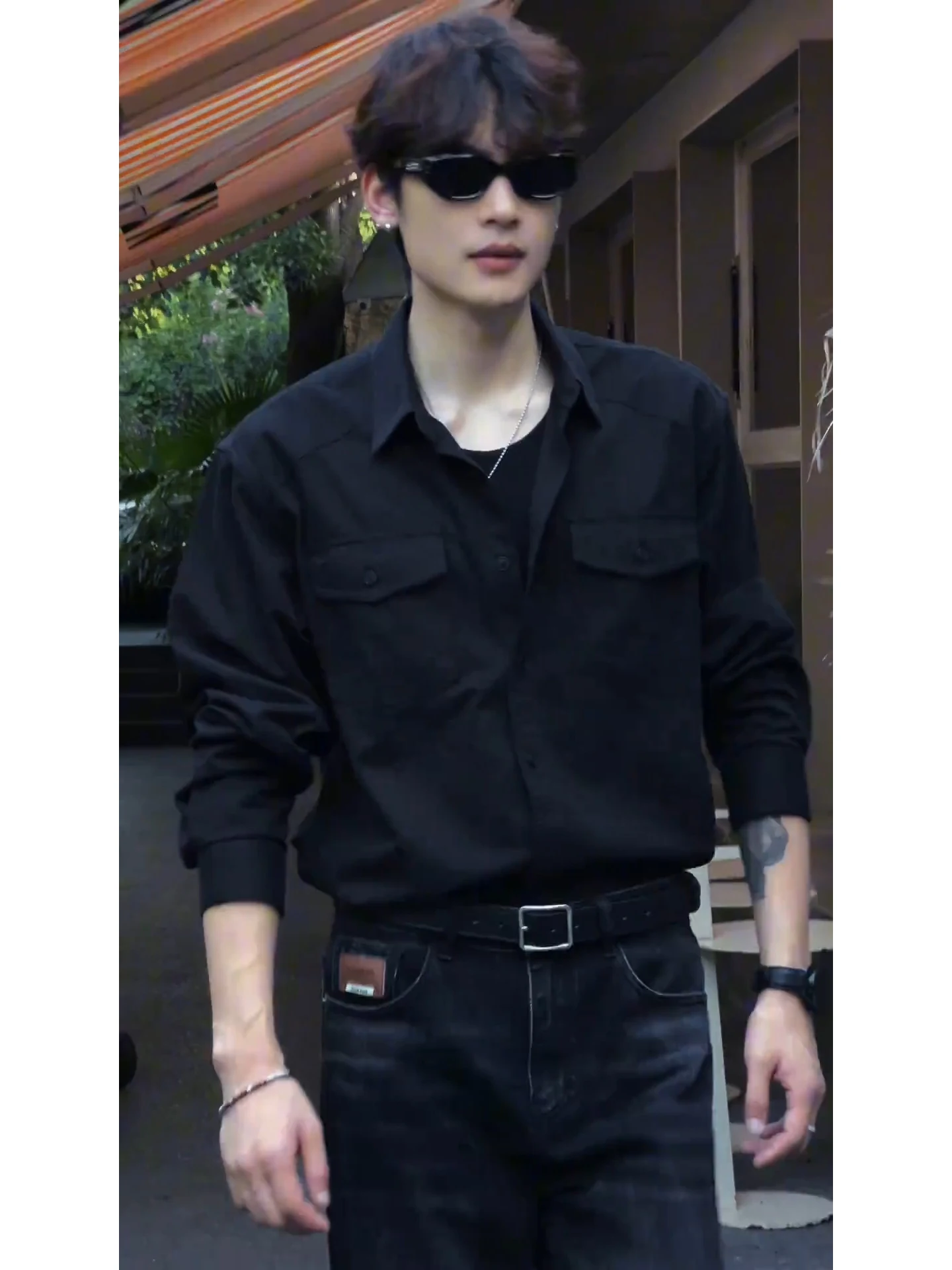 

American Sle Men's Workwear irt Long Sve Bla High-End Feeling Cool Korean Sle Outerwear Lightweight Luxury Autumn