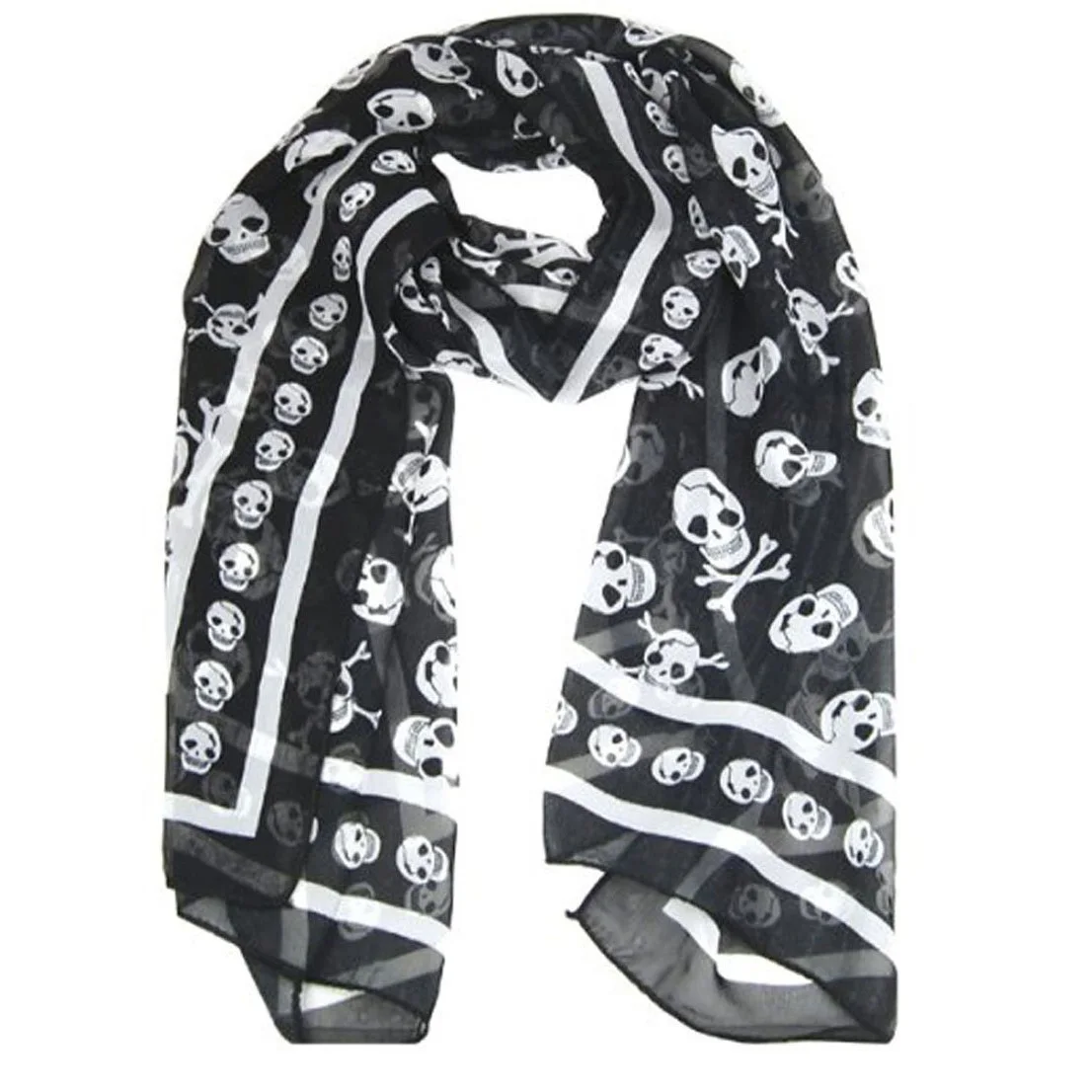 A59T Black Chiffon Silk Feeling Skull Print Fashion Long Scarf Shawl Scaf Wrap For Women + Keyring