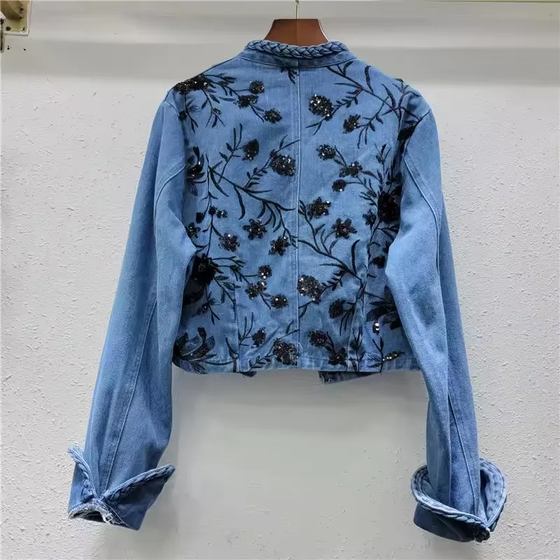 2025 New Fashion Irregular Neck Buttonless Embroidered Sequined Flower Denim Jacket Women's Long Sleeve V-Neck Jeans Coat
