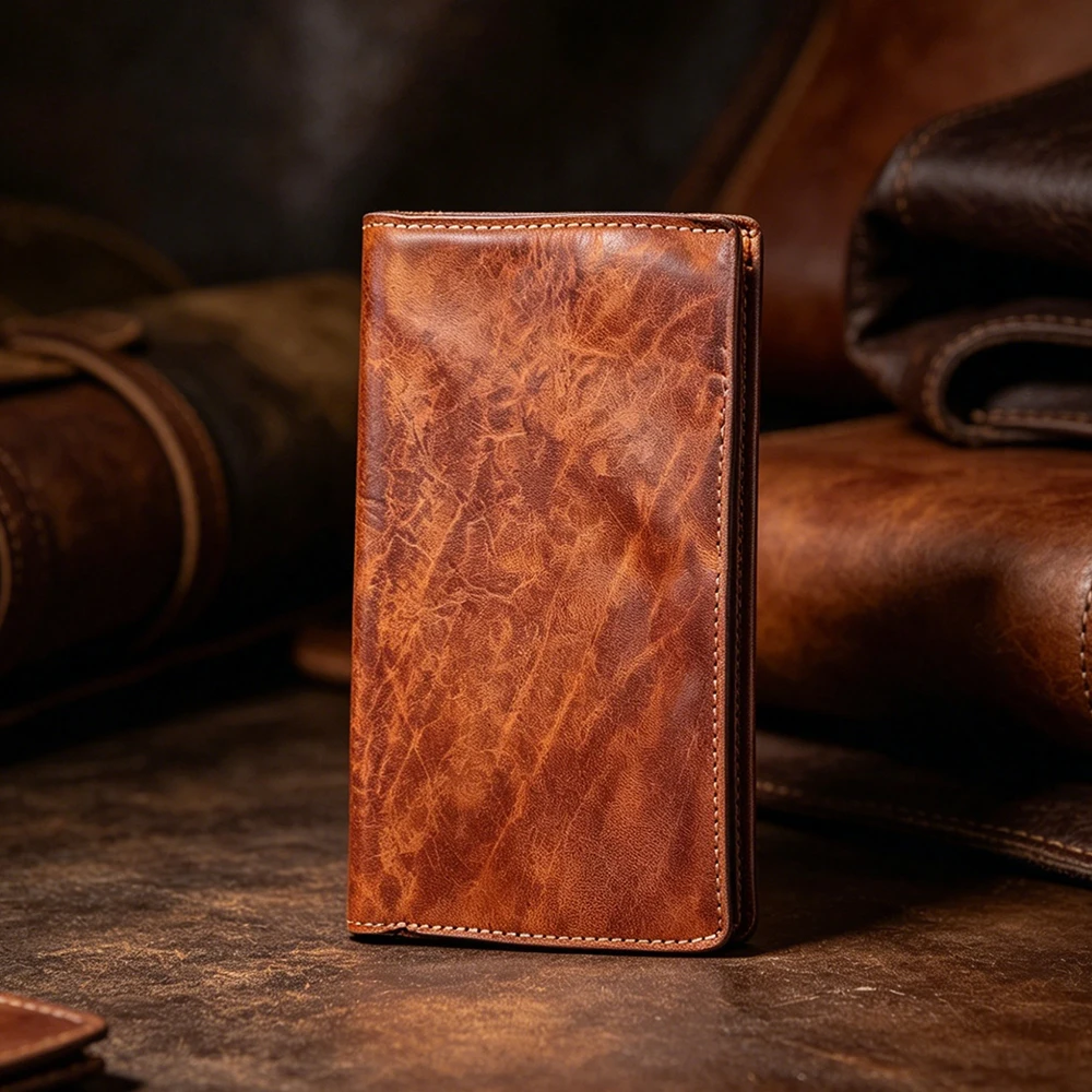 

Large Capacity Men Wallet Vintage Genuine Cow Leather Handbag Card Holder Phone Pocket High Quality Handmade Male Money Clips