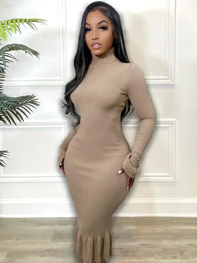 

GUWU Knit Ribbed Streetwear Ruffles Hem Bodycon Midi Dress for Women Back Bowknot Bodycon Dresses Vestidos De Mujer High Street