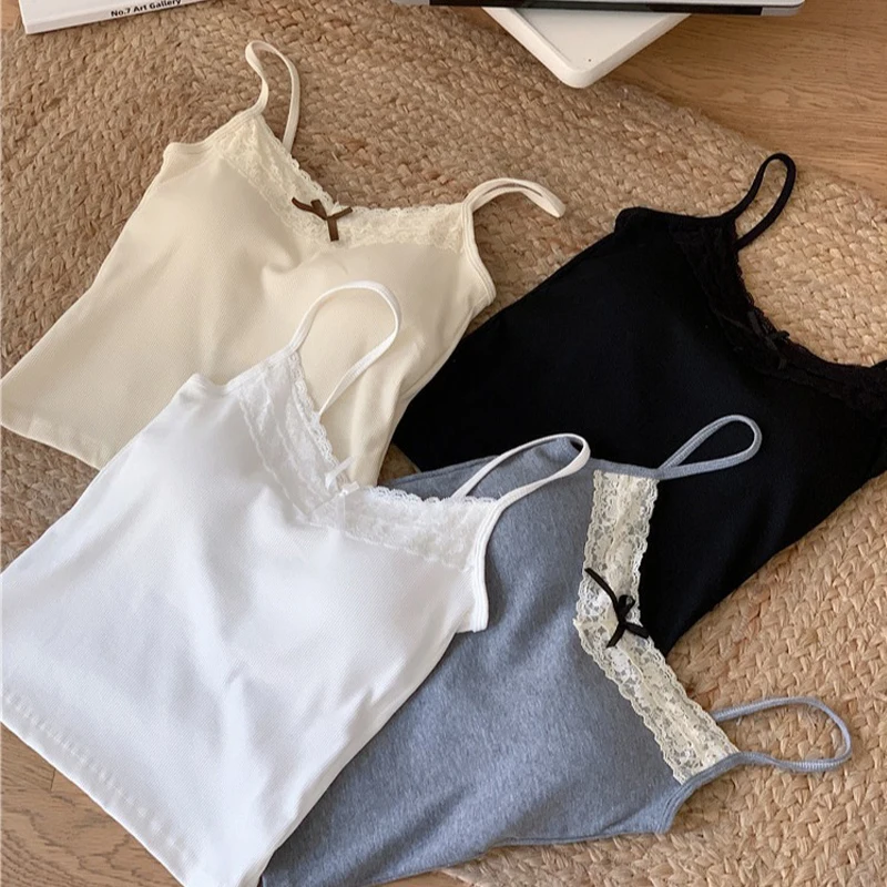 

1pcs Women Knitted Crop Tops Solid Laces Sling Tops Knitwear Tank Top Girls Sexy Slim Camisole Sweet Short Vest With Padded Cups