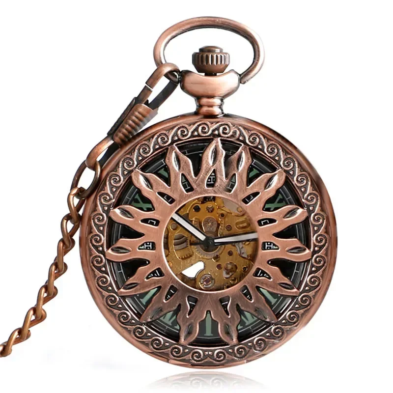 

Red Copper Hollow Out Case Unisex Automatic Mechanical Pocket Watch Sunflower Design Roman Number Dial Pendant Chain Clock Gift