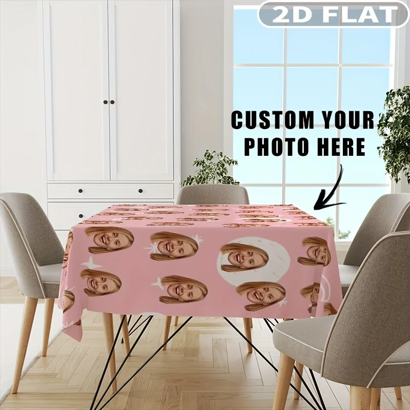 1pc Custom Personalized Tablecloth with Photo/Text, Polyester Rectangular Table Cover, Family Surname Customizable Tablecloth