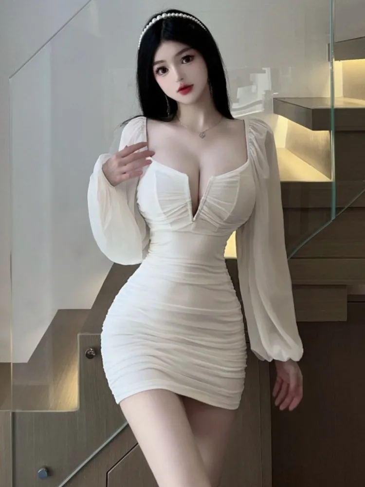 Pure Desire Low Cut Sexy Mesh Chiffon White  Dress Slimming Tight Fit Women's Dress High Waist Pleated Bodycon Gown