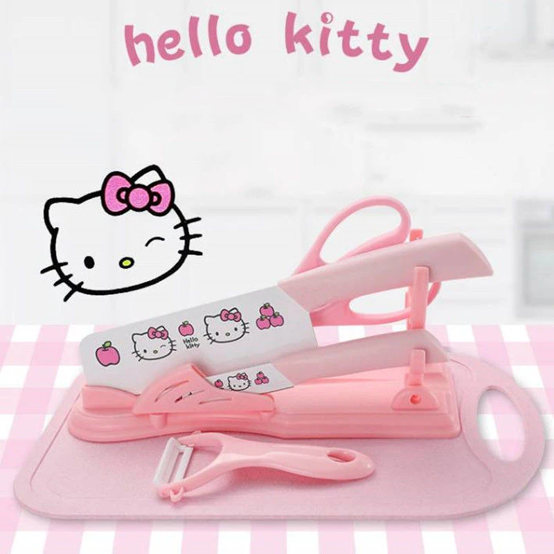 5Pcs Hello Kitty Knife Set Sanrio Anime Figure Easy To Clean Stainless Steel Chopping Board Household Kitchen Birthday Gift