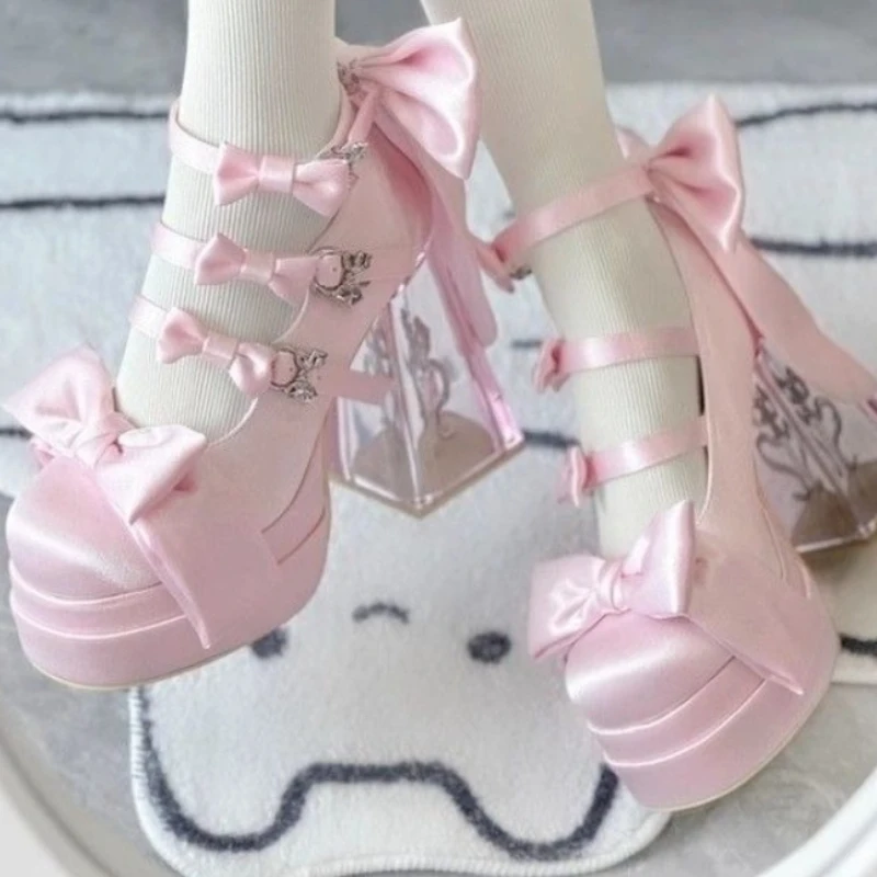 Japanese Vintage Elegant Lolita Style High Heels Women Sweets Cute Round Head Bow Satin Mary Jane Shoes Harajuku Y2k Pink Pumps