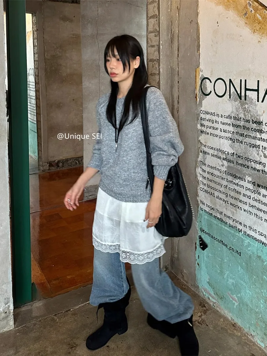 Kusahiki rua versão coreana picante menina com decote em v renda retalhos emagrecimento camadas vestido camisola