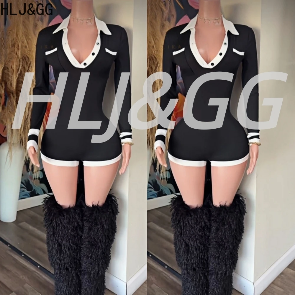 

HLJ&GG Black Fashion Knit Splicing Bodycon One Piece Rompers Women V Neck Long Sleeve Slim Playsuits Female Overalls Streetwear