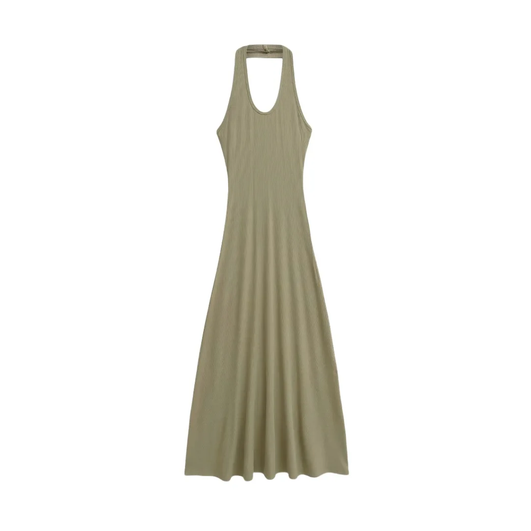 Vestido largo con cuello halter y cuello en V acanalado para mujer