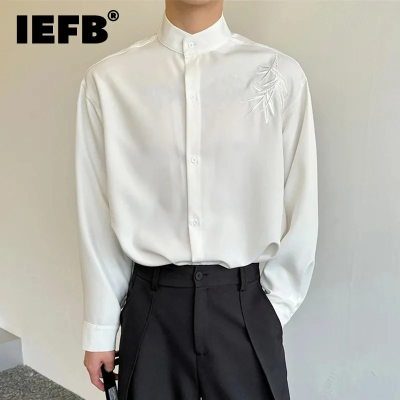 IEFB New Chinese Style Stand Collar Embroidered Drape Shirt Solid Color Male Long Sleeve Top Autumn Stylish Male Clothing 9C7187