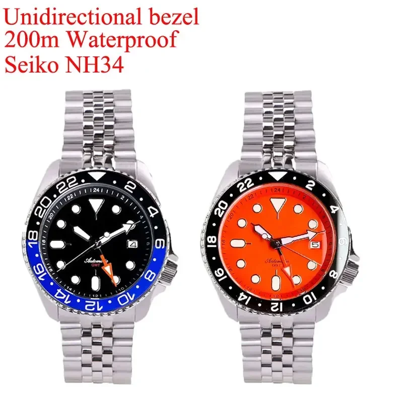 200m Waterproof Tandorio 41MM Watch Men Orange/Black Dial Luminous NH34A Automatic GMT Mechanical Sapphire Glass Screw Crown