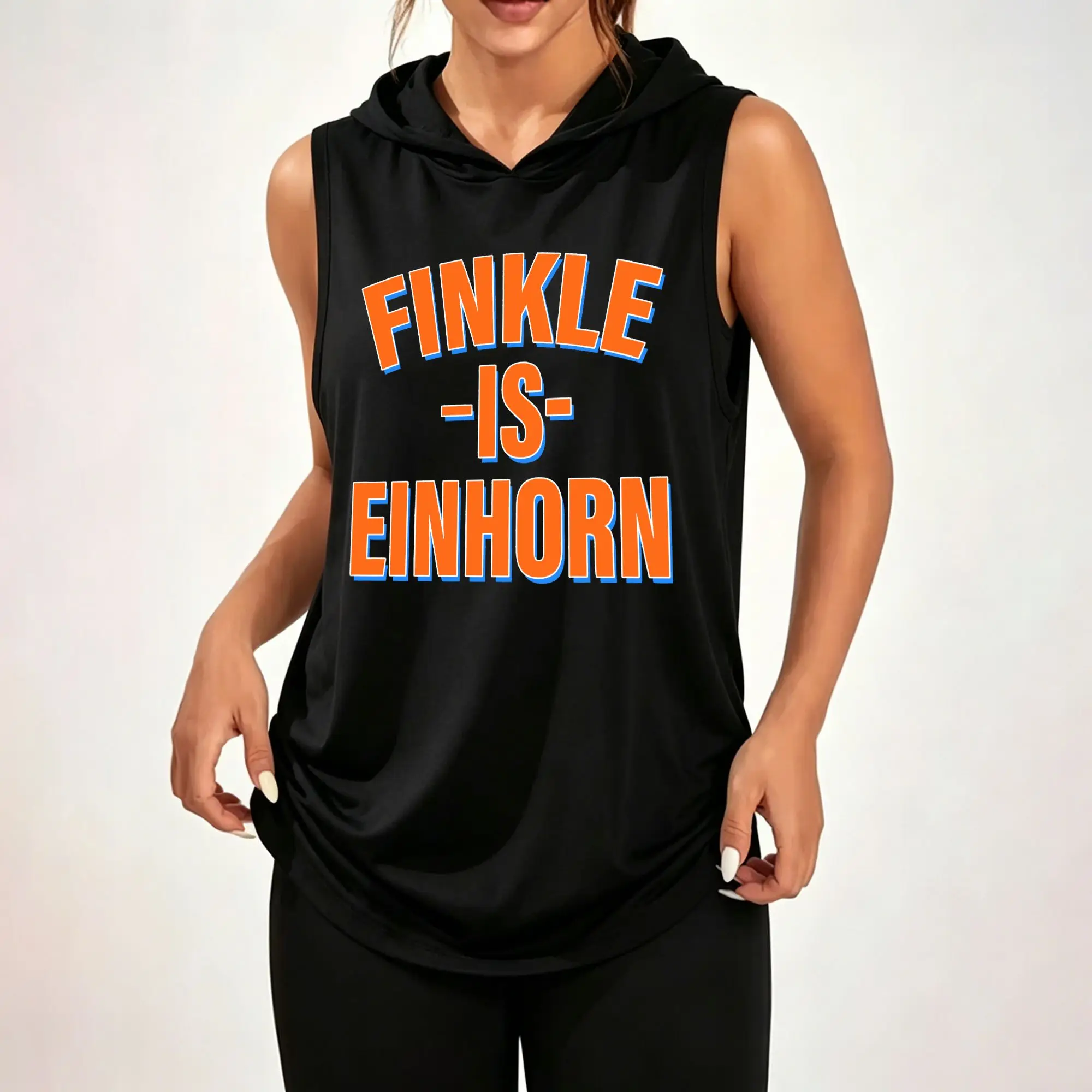 Women's Sleeveless Hoodie, Finkle Is Einhorn Orange Retro Sport Letter Graphic Print Casual Hooded Tank Top