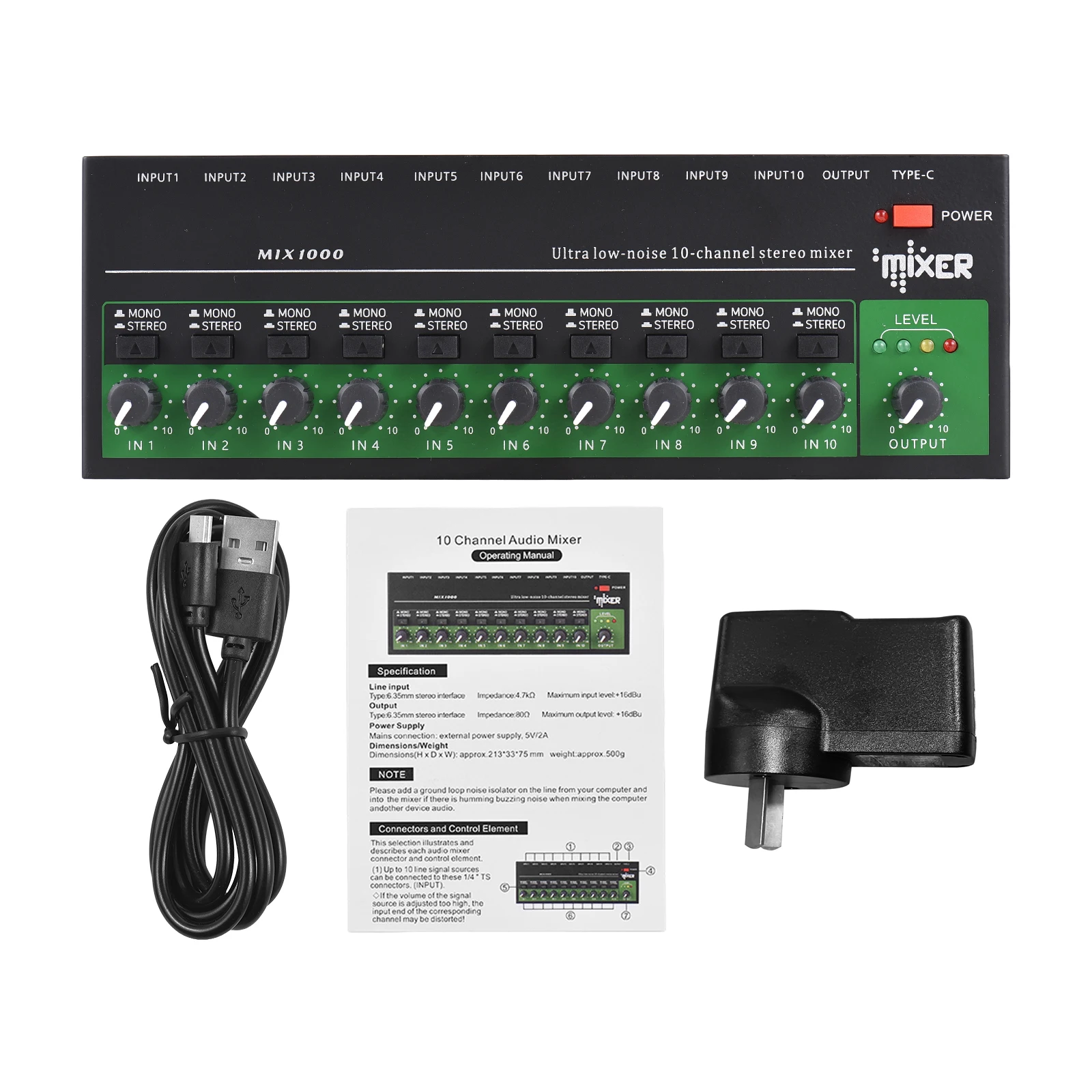 

10-канальный аудиомикшер, стерео Однолинейный миксер 6,35 мм, вход TRS/TS, металлический корпус, Аудиопроцессор Type-C, гитара, технические характеристики