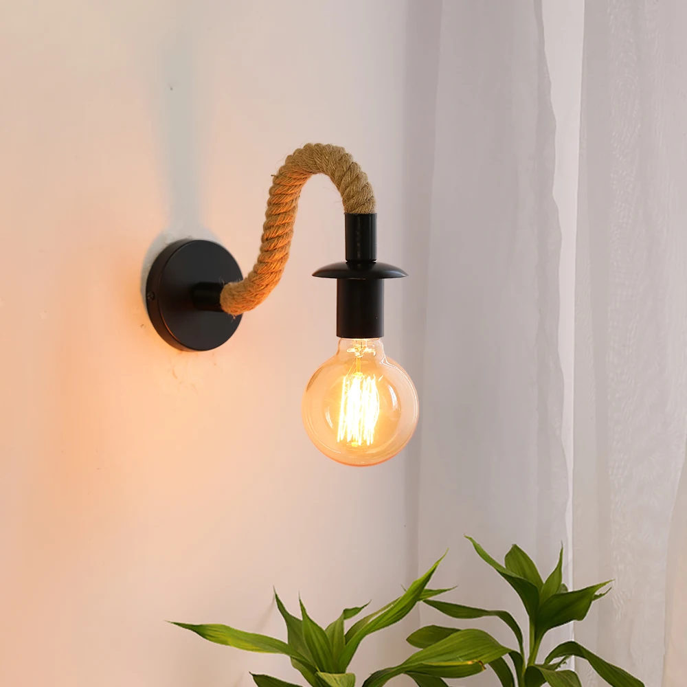 Aplique Vintage de luces de pared, lámpara de pared de cuerda de cáñamo E27, decoración Industrial, comedor, dormitorio, iluminación interior, lámpara Retro