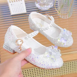 Girls' Princess Shoes Fashion Pearl Rhinestone White Leather Shoes Spring New Children's High Heels Girls' Performance Shoes