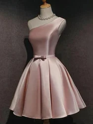 Customized Elegant Short A-Line One Shoulder Pink Homecoming Dresses Satin Knee Length Lace Up Back Graduation Dresses For Junio