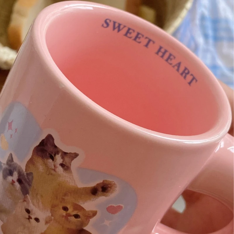 Pink Cute Kitten Mugs Girls To Drink Breakfast Coffee Milk Cup Ceramic Chubby Handle Christmas Gift Office Cups 300ML Drinkware