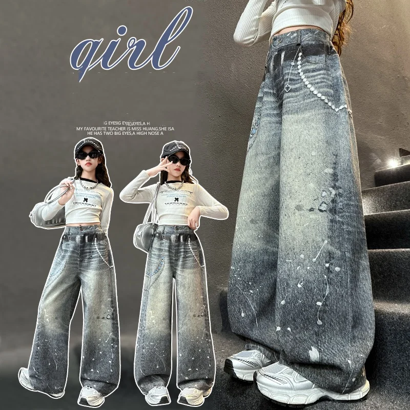 

Girl Jeans Ages 4-14Y Teenage Denim Teenage Child Vintage Trouser Toddler Fashion 3D Printed Denim Kid Y2k Streetwear Long Pants