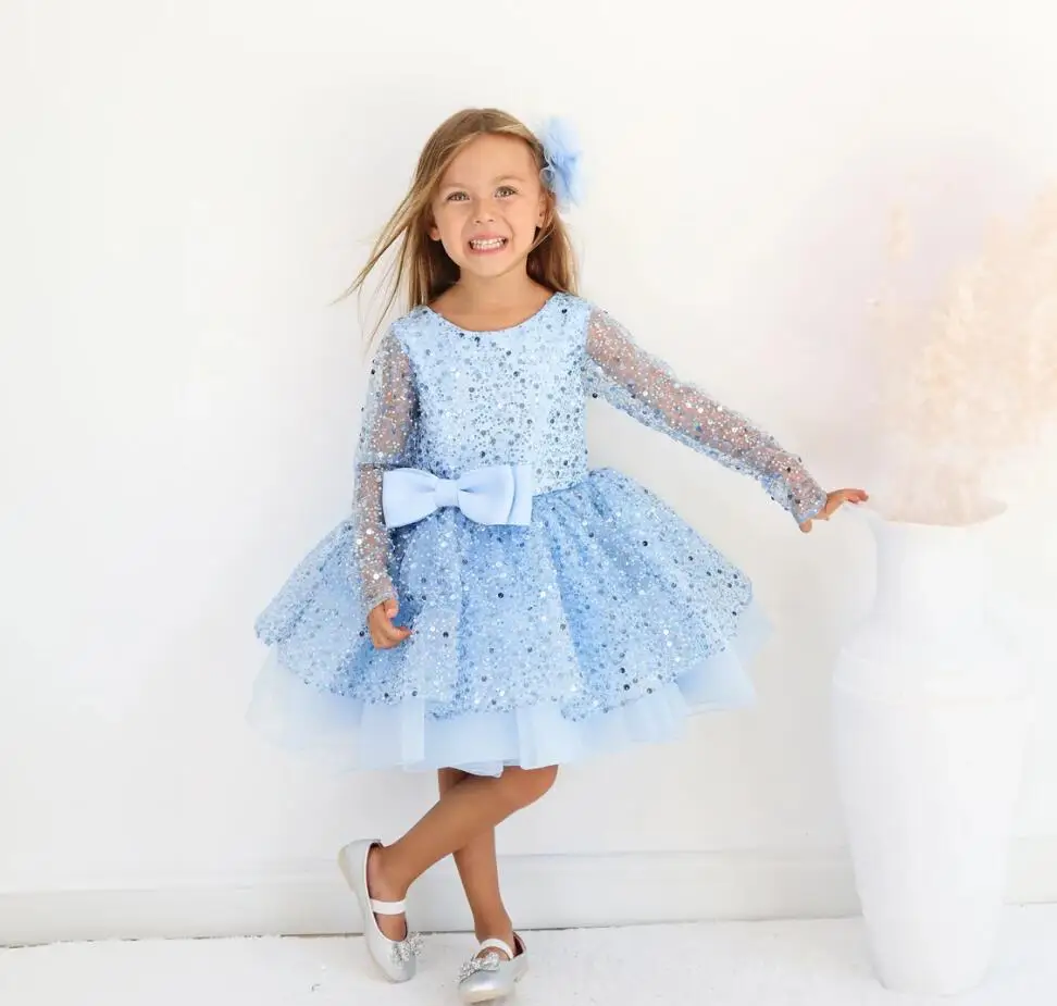 

Sparkling Sky Blue Baby Girl Dress Long Sleeves Toddler Frock Kids Little Princess Girls Birthday Dress Big Bow 12M 18M 24M