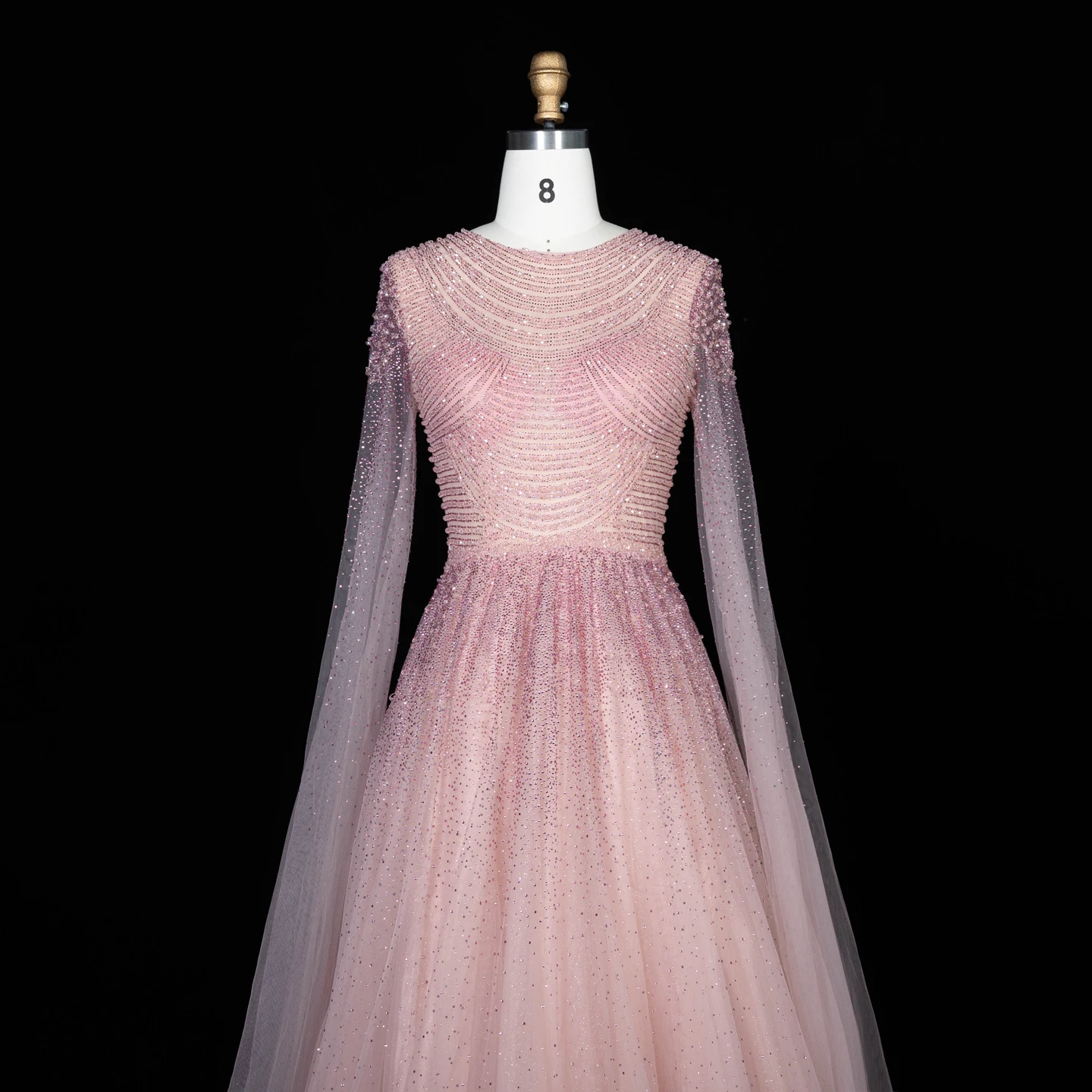 Sharon Said Luxuriöses Braunes Abendkleid mit Rundhalsausschnitt, Langen Transparenten Cape-Ärmeln und Schwer Perlenbesetztem Dubai-Formal-Partykleid SS059 Maßanfertigung – Detail 13