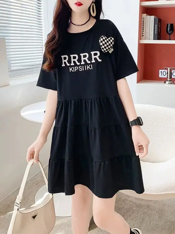 Vestido de Manga Curta com Estampa de Letras, Decote Redondo, Comprimento Médio, Estilo Casual para Homens e Mulheres, Vestid...