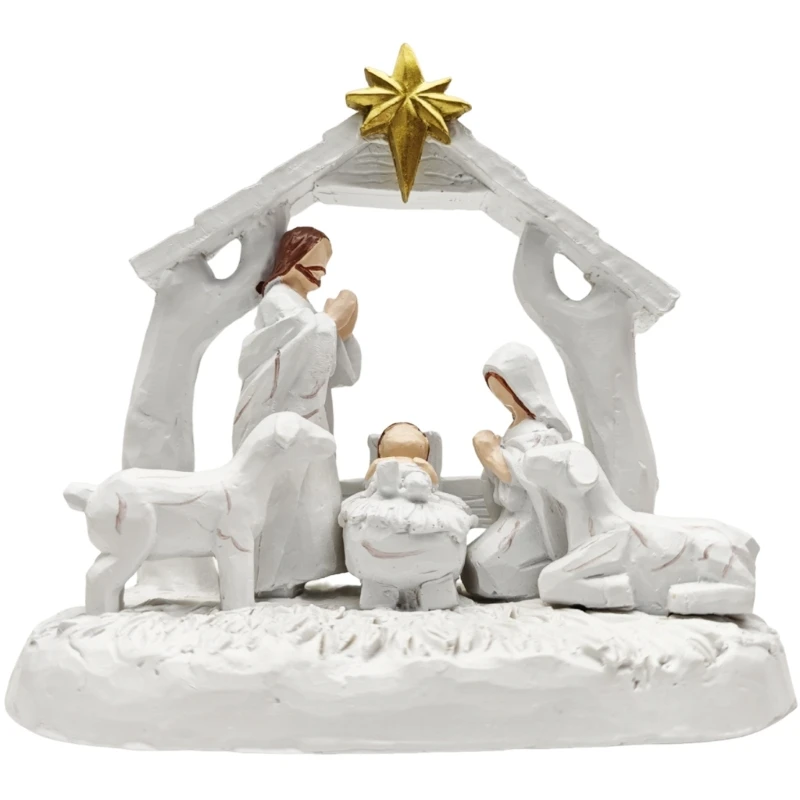 Mini Christmas Nativity Set Holy Family Resin Figurine Statue with Stable Miniature Christmas Nativity Scene Sculptures C7AC