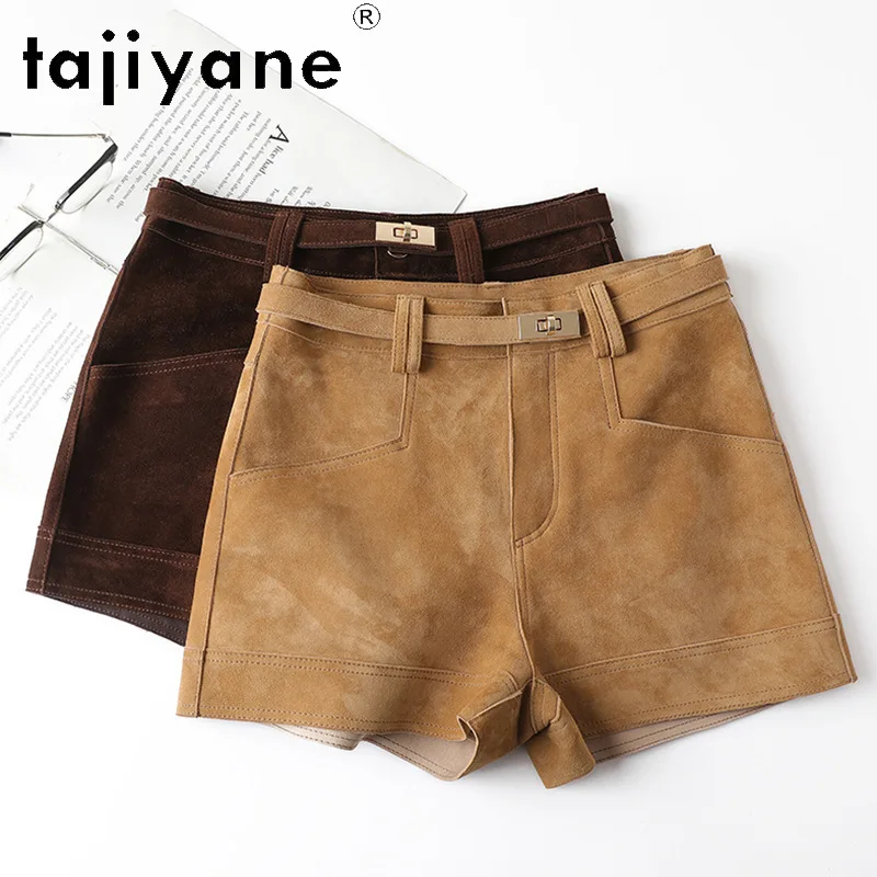 TAJIYANE Geunine Women's Leather Shorts with Gold Buckle Belt Vintage Goat Suede Straight Pants Mid-High Waist Shorts for Woman
