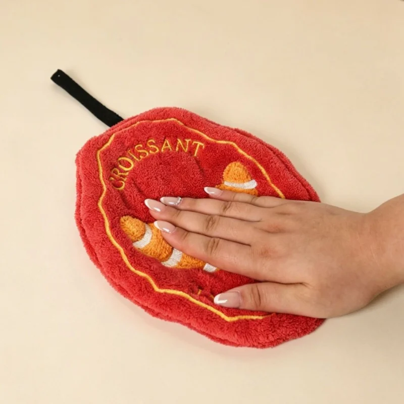 Cute Croissant-Shaped Hanging Towel Absorbent Quick-Dry Coral Fleece Household Hand Towel for Kitchen Bath Dress Accessories